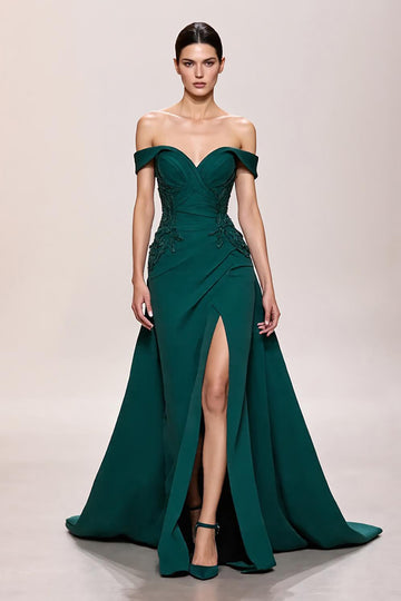 Dark Green Satin A Line Long Evening Dress With Appliques